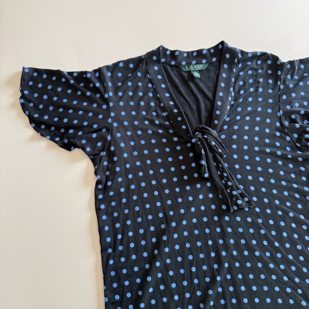 Lauren Ralph Lauren-Navy-Blue-Polka Dot-Stretch Jersey-Tie-Neck Top-Size M